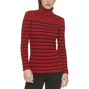 DKNY Womens Turtleneck Sweater Ribbed Striped P13SC05N Red Black Size X Small